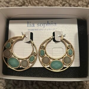Lia Sophia Round hoop earrings with purple and teal stones NWT